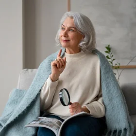 Woman reading comfortably in her living room