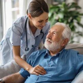Nurse providing health monitoring to elderly man at home