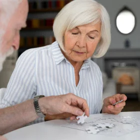 Couple working on puzzle together at home